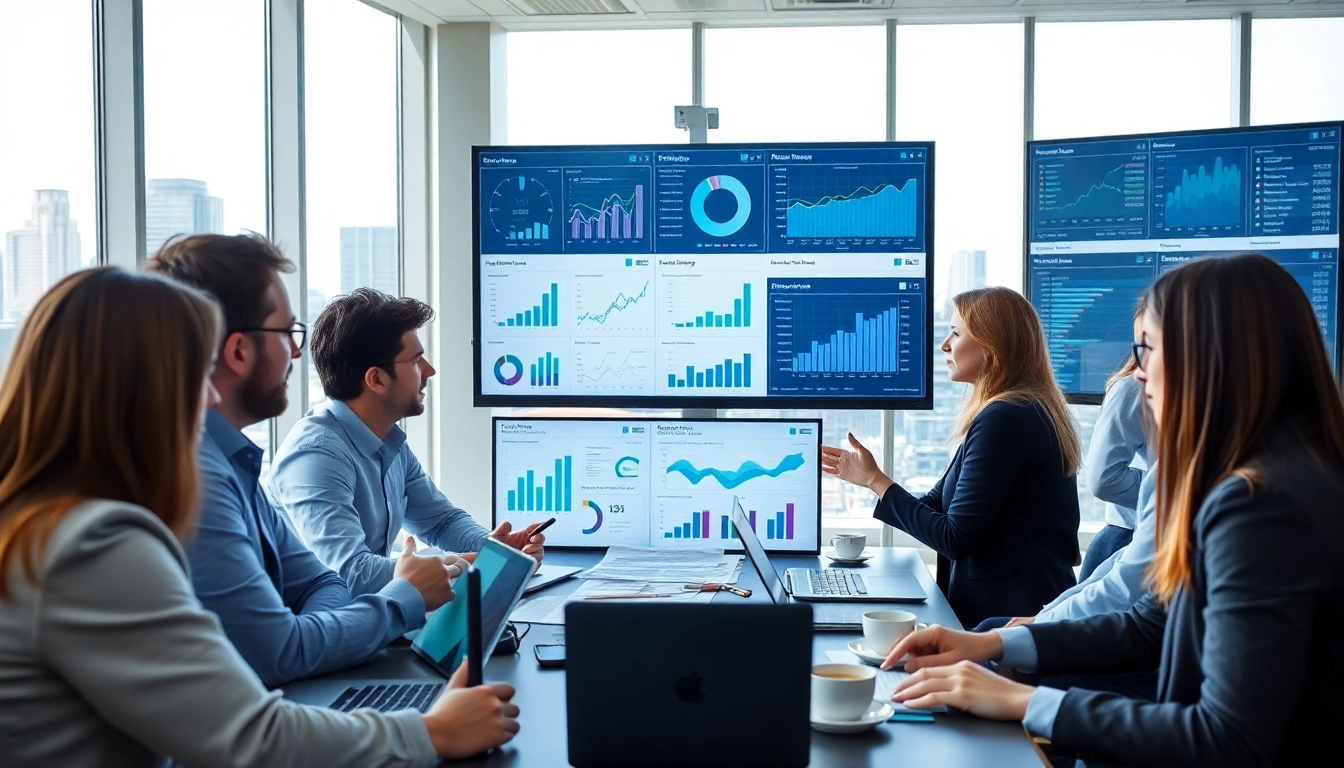 Data analysts collaborating on competitive intelligence strategies with digital dashboards and charts.