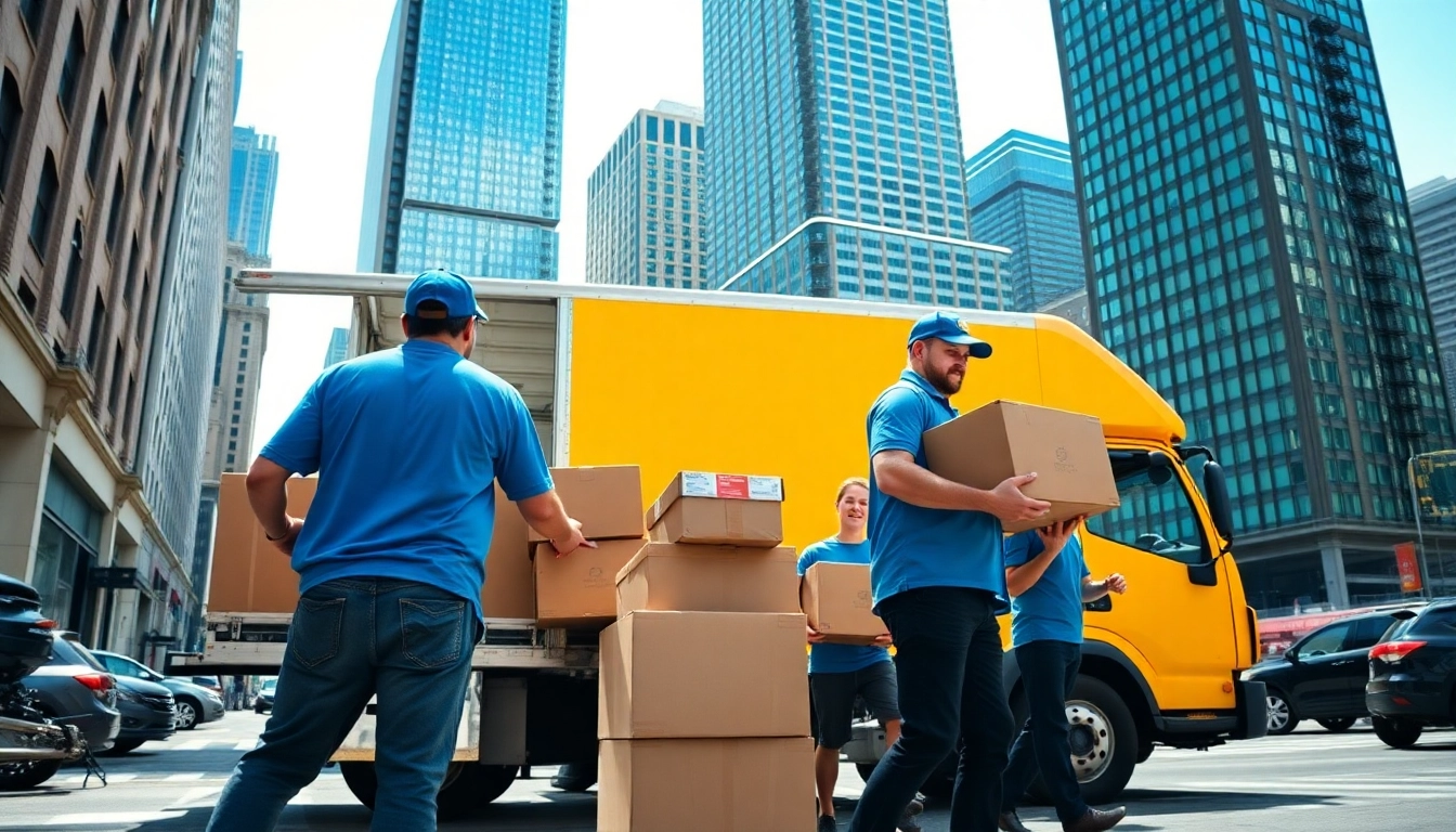NYC movers efficiently loading boxes into a truck in a dynamic urban setting