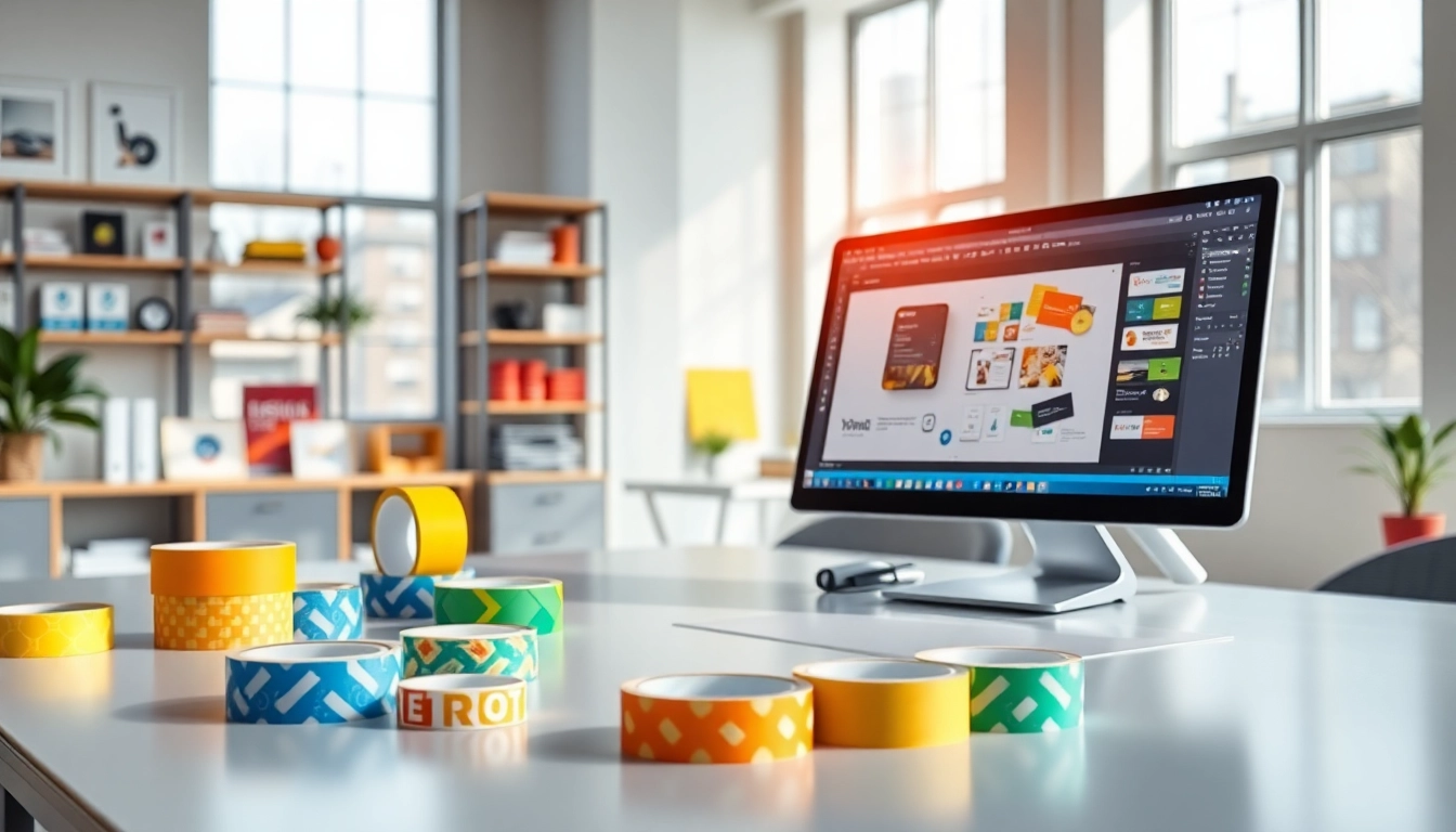 Designing custom tape with vibrant colors displayed on a modern office table.