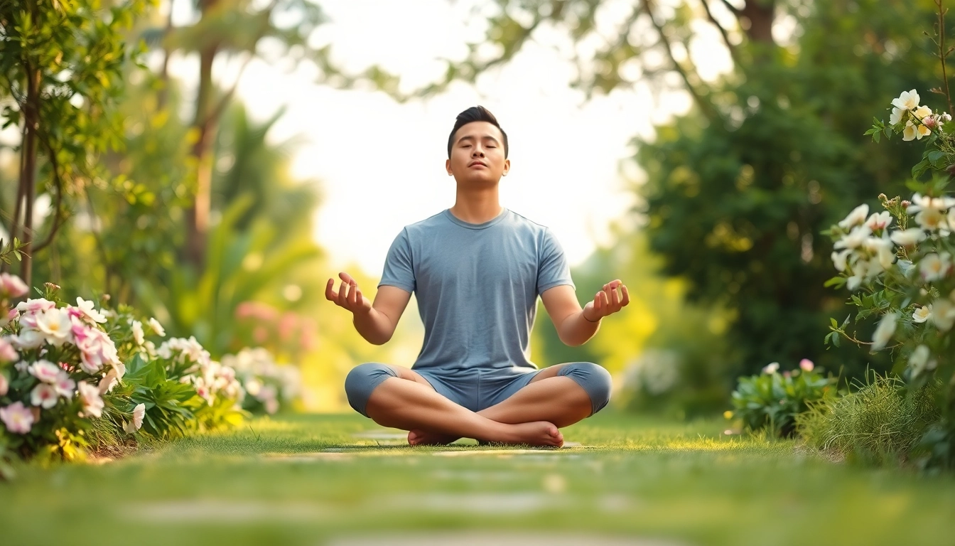 Practicing relaxation techniques for dealing with anxiety in a peaceful garden setting.