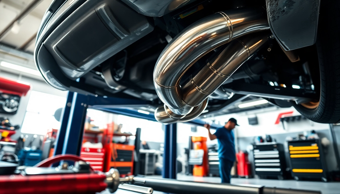 Install a midpipe under a vehicle with tools and mechanical equipment surrounding.