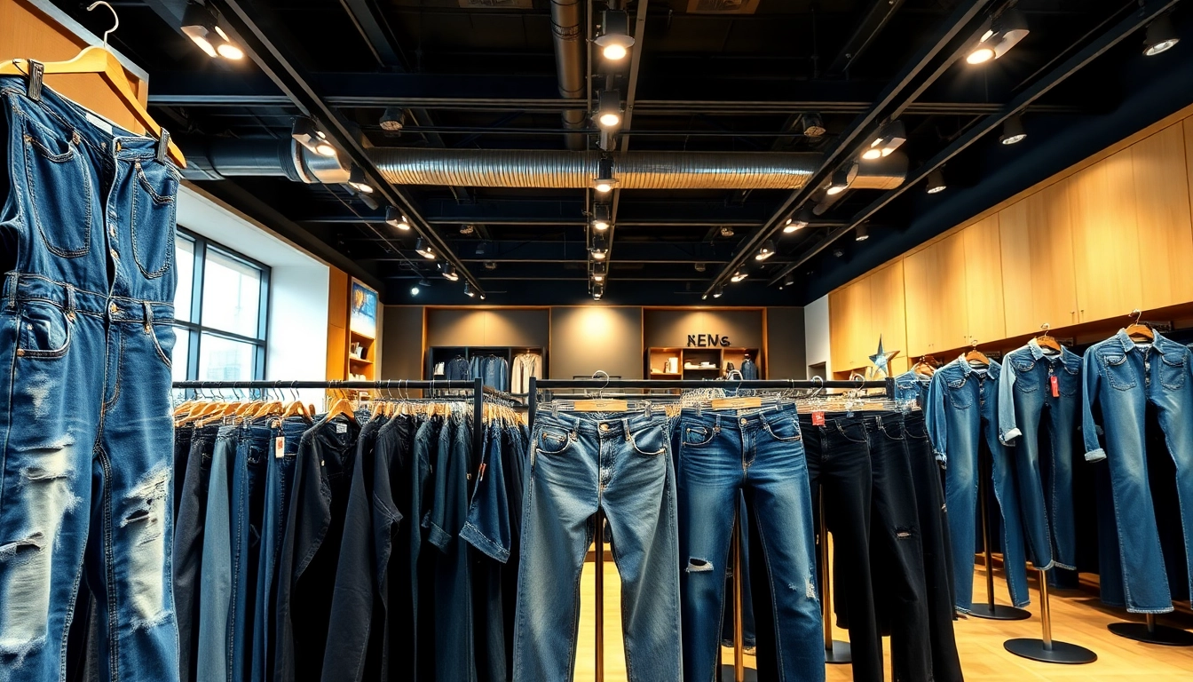 Showcasing various styles by wholesale jeans manufacturers in a trendy retail environment.