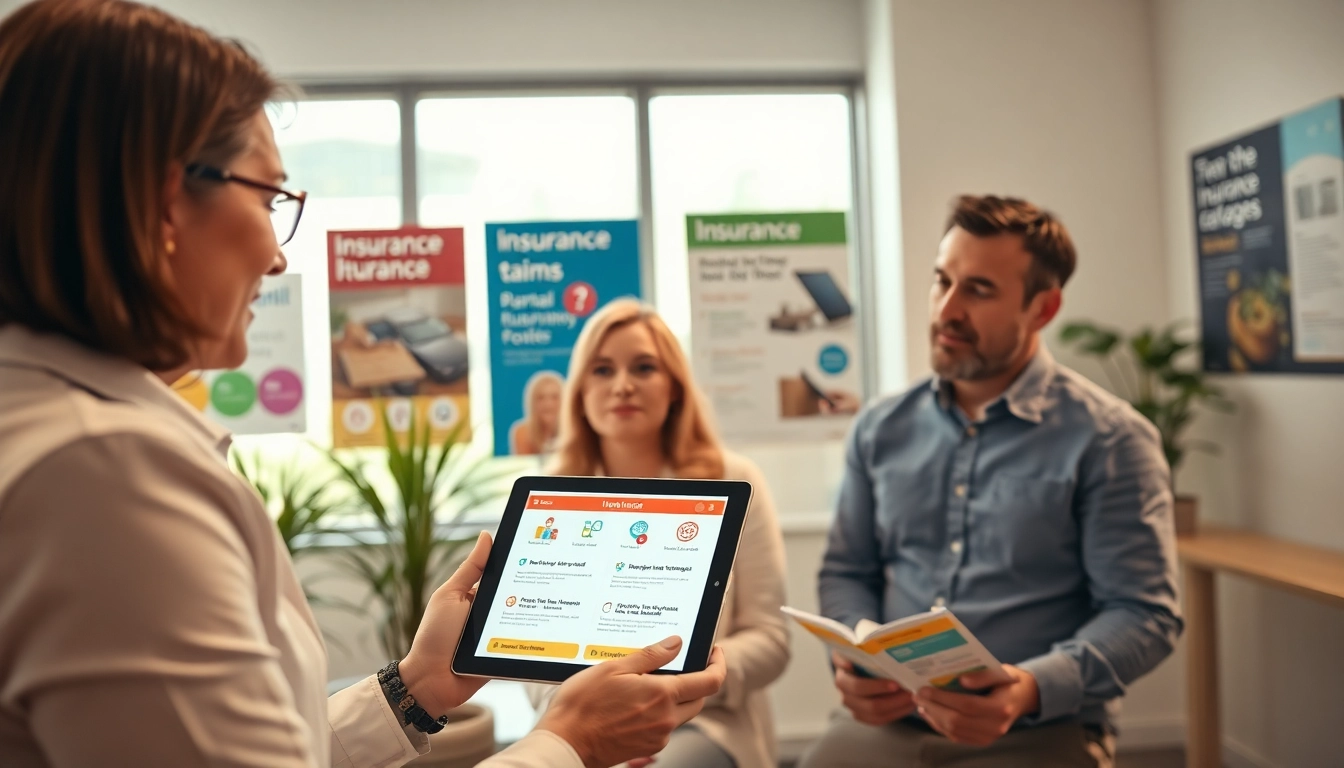 Engaging discussion on Bundle insurance between an agent and clients in a modern office.