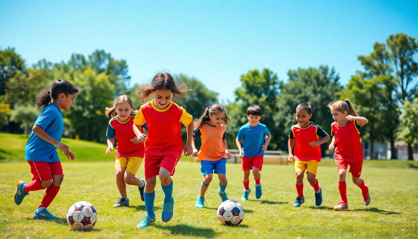 Kids Football Kits on children enjoying a lively soccer game in a sunny park setting.