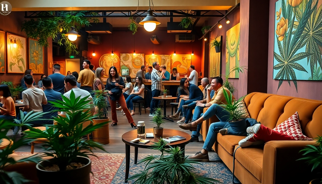 Crowd enjoying time at a cannabis club in Barcelona, featuring vibrant decor and a relaxed atmosphere at https://cannabisbcn.com.