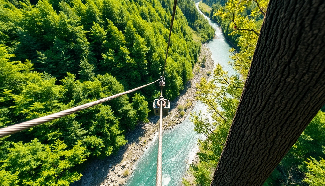Vmesni ziplini Bovec zipline nad slikovito reko Učja z zelenimi drevesi v ozadju.