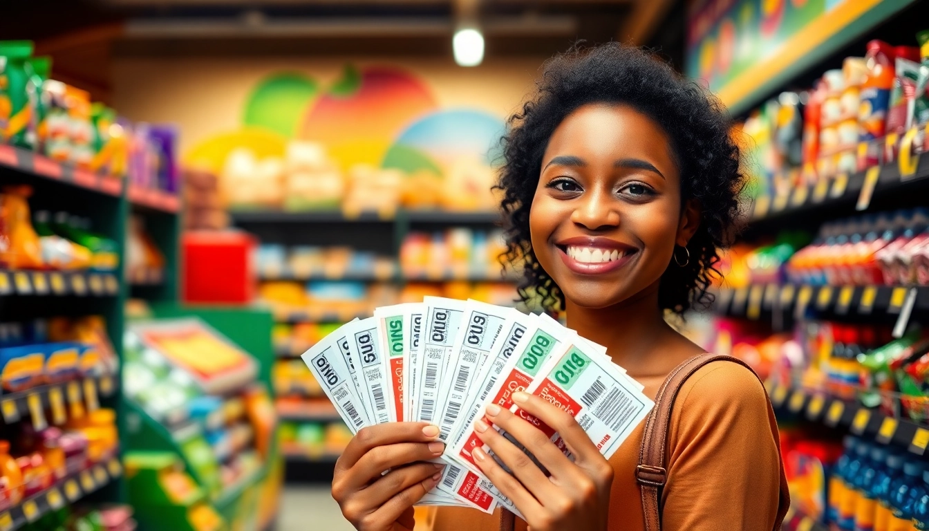 Shopper joyfully displaying Coupons in a vibrant grocery store, showcasing savings.