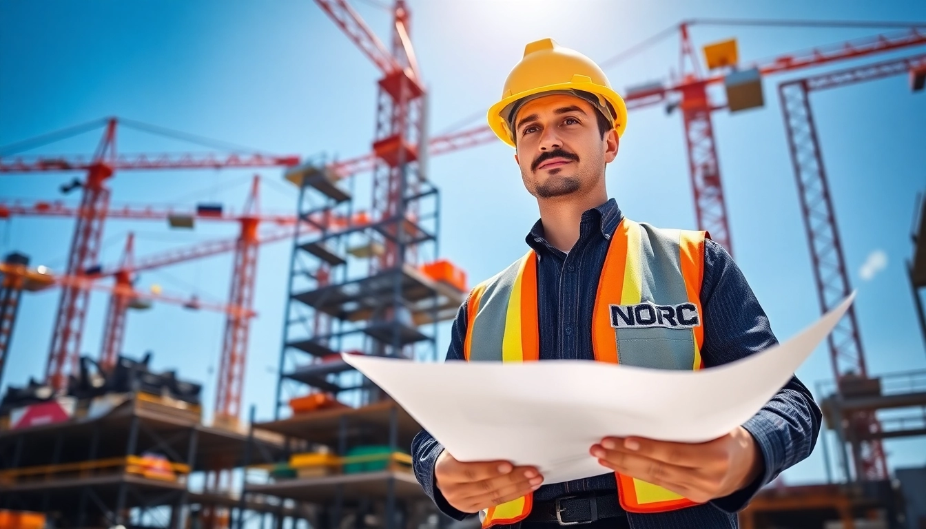 New York Construction Manager directing operations on a busy construction site.