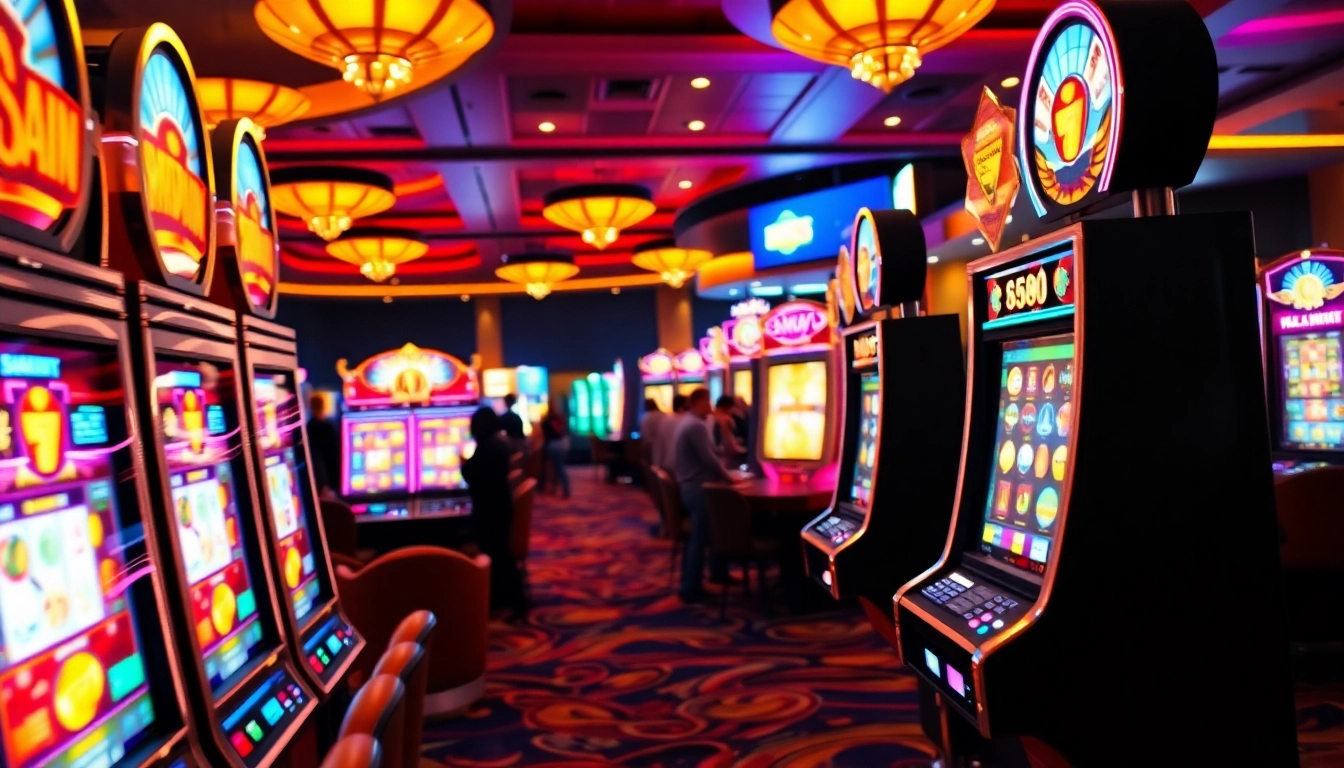 Experience thrilling pgslot gaming with vibrant slot machines in a lively casino setting.