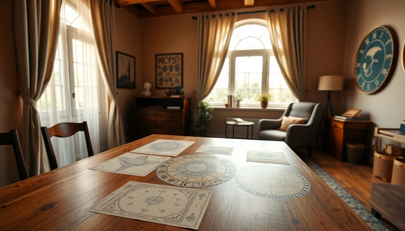 Explore the Horoskop through an inviting astrological study room filled with celestial art and charts.