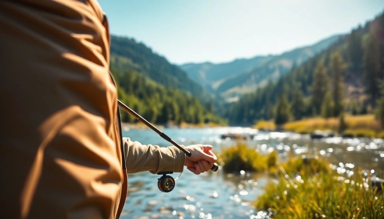 Angler in fly fishing apparel casting a line against a lush river backdrop.