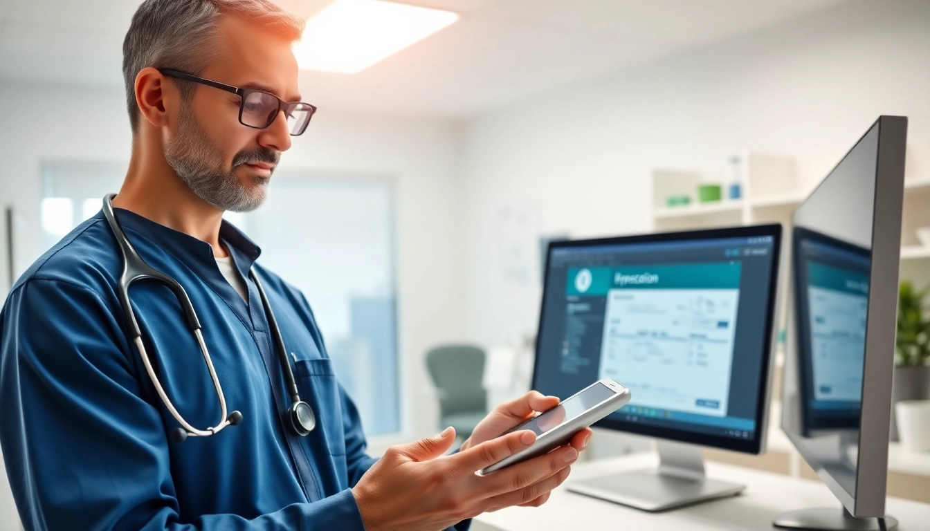 Integrating ePrescription apps showcased in a professional clinic with healthcare provider using technology.