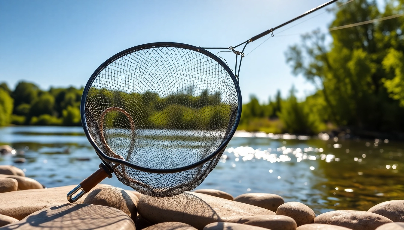 Catch a glimpse of a Fly fishing net beautifully displayed on a riverbank, highlighting its design.
