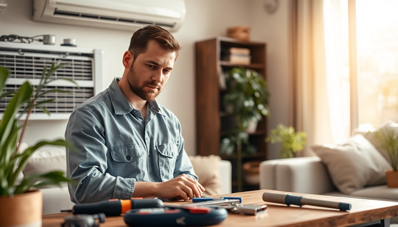 Technician conducting AC repair Glendale AZ amidst a modern home setting with professional tools.