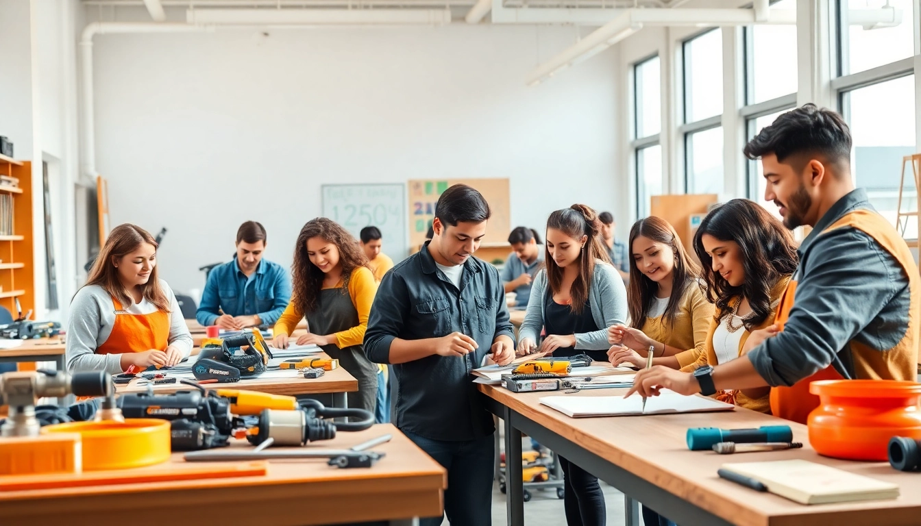 Students actively learning at hawaii trade schools in a bright, collaborative classroom setting.