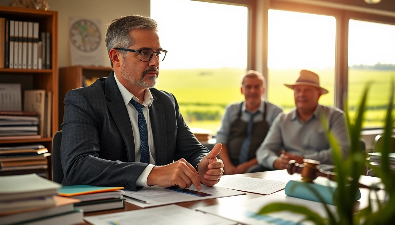 Meet with an agriculture lawyer providing legal advice on farming matters in a professional setting.