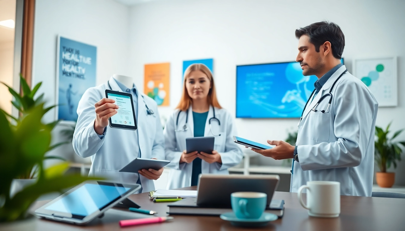 Integrating ePrescription apps in a professional healthcare setting with providers discussing technology.