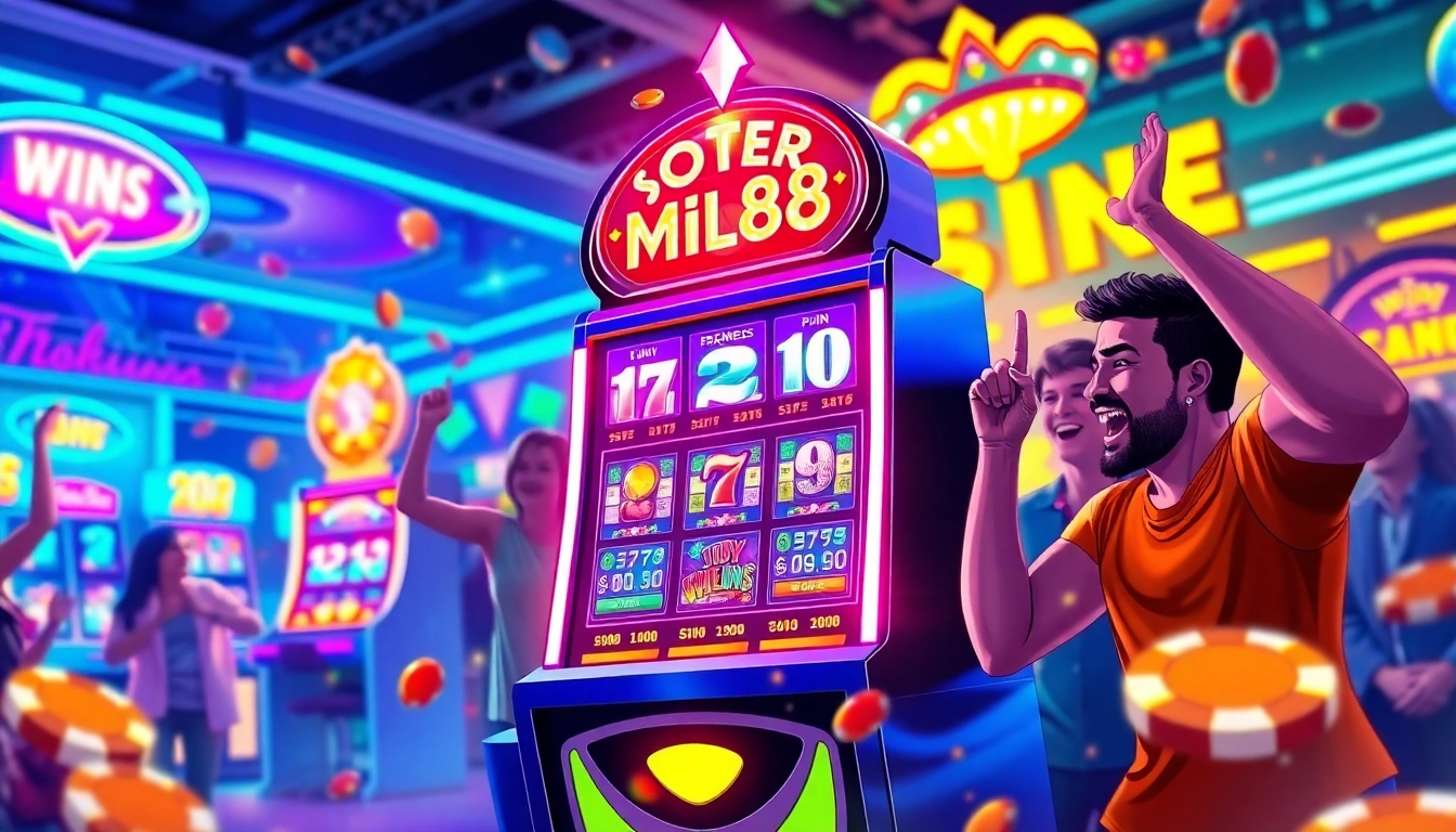 Jubilation of players celebrating wins on a vibrant mild88 slot machine in a lively atmosphere.