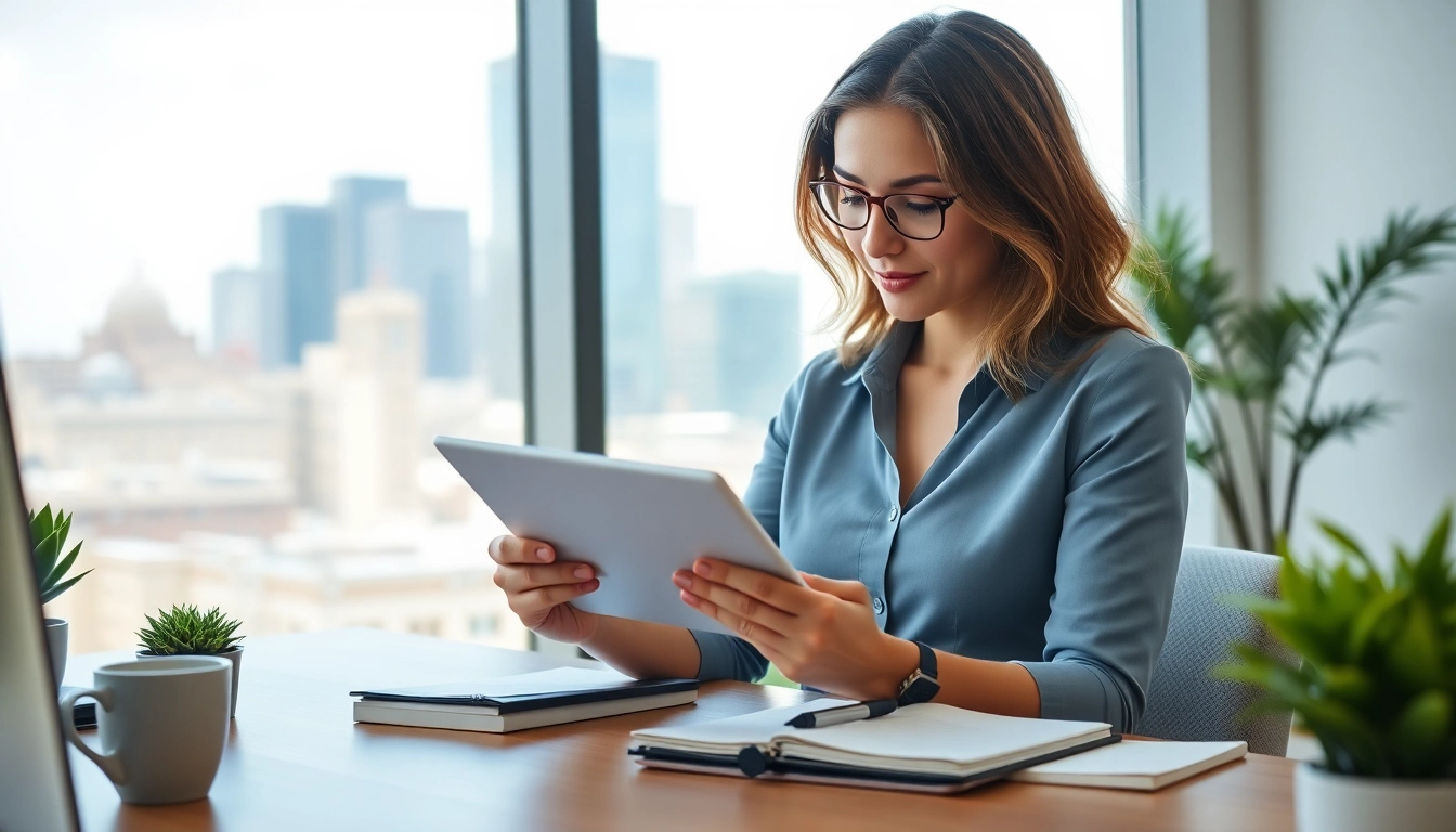 Analyzing a business plan with a tablet in a bright office setting.
