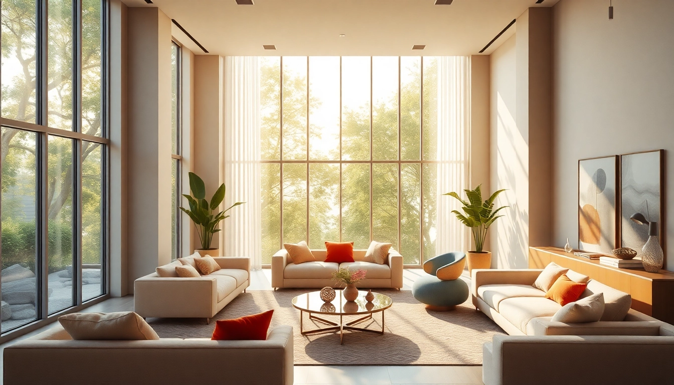 3d visualisierung von einem eleganten Innenraum mit modernen Möbeln und natürlichem Licht.