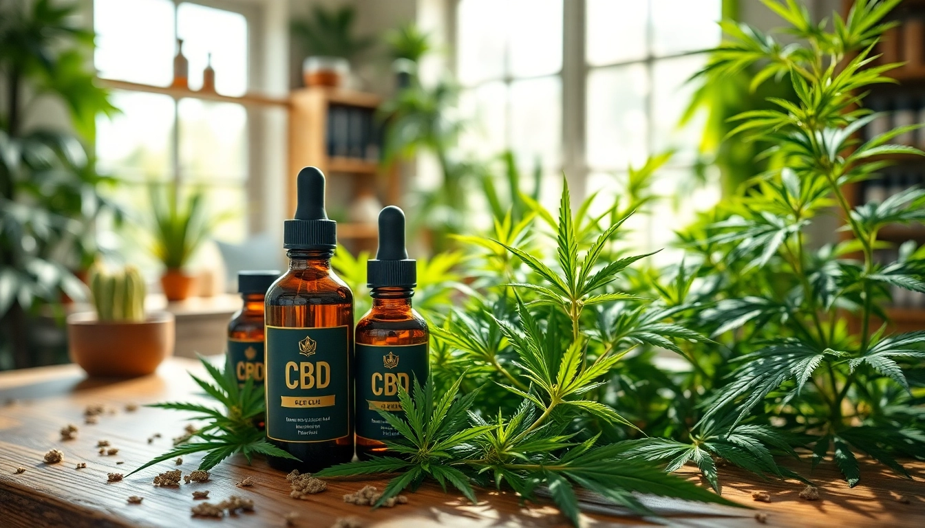 Illustration of CBD UK products with cannabis plants highlighting the natural essence of the brand.